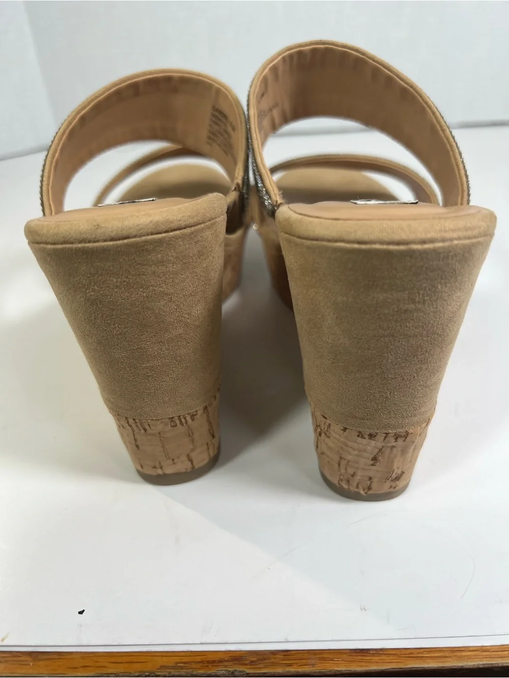 Steve Madden Sandro Rhinestone Cork Wedge Slide Sandals Beige 8.5M